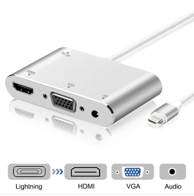 Adattatore 3 in 1 da 8 pin a HDMI/VGA/audio Adattatore 3 in 1 da 8 pin a HDMI/VGA/audio
